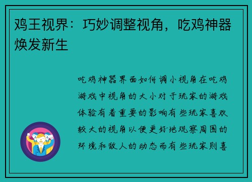 鸡王视界:巧妙调整视角,吃鸡神器焕发新生